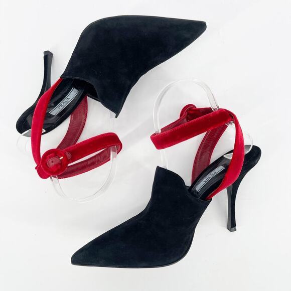 Prada Black Suede Red Velvet Ankle Strap Open Back Pointed Toe Pump IT 38.5 - Picture 5 of 12
